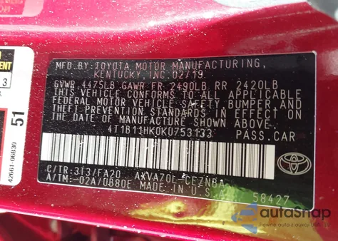 2019 Toyota Camry Le from USA, damaged, VIN 4T1B11HK0KU753133